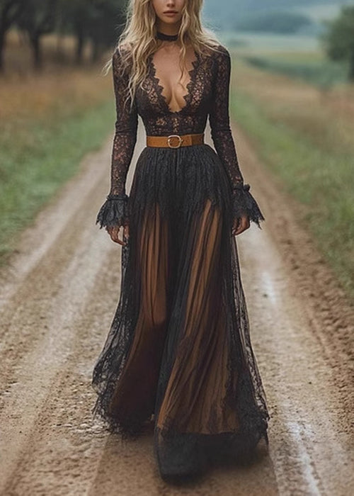 Deep V-Neck Lace Bodice Pleated Chiffon Lace Panel Maxi Dress