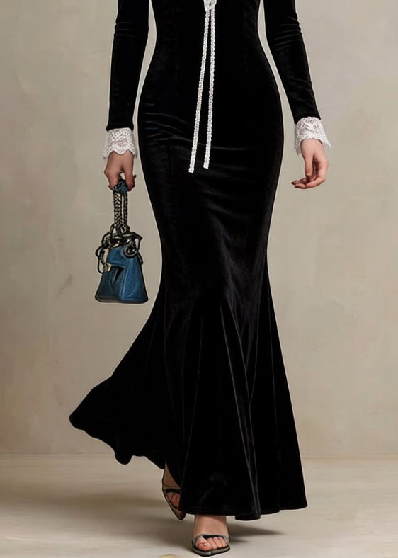 Deep V-Neck Lace Trim Tie-Drawstring Long Sleeve Mermaid Velvet Maxi Gown
