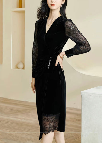 Deep V-Neck Lace Insert Long Sleeve Wrap Ruched Button Velvet Midi Dress