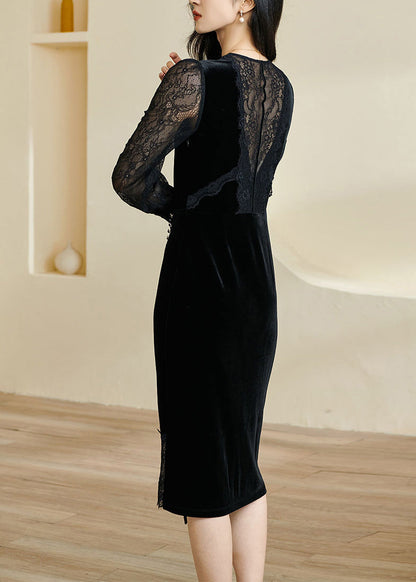 Deep V-Neck Lace Insert Long Sleeve Wrap Ruched Button Velvet Midi Dress