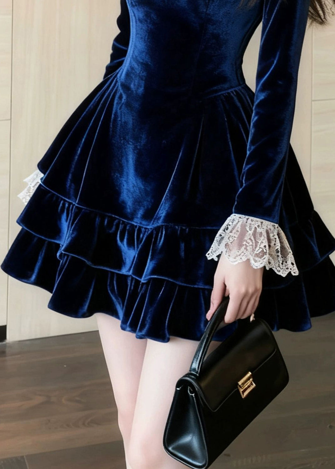 Square Neck Long Sleeve Lace Cuff Tiered Ruffle Velvet Mini Dress
