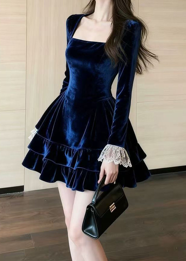 Square Neck Long Sleeve Lace Cuff Tiered Ruffle Velvet Mini Dress