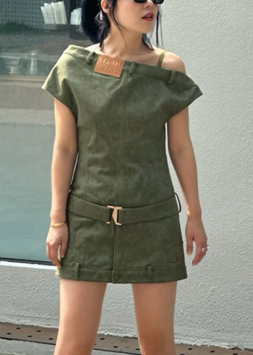 Asymmetric Off-Shoulder Belted Waist Denim Trouser-Style Mini Dress