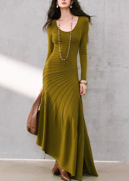 Scoop Neck Diagonal Rib Knit Asymmetrical Hem Long Sleeve Dress