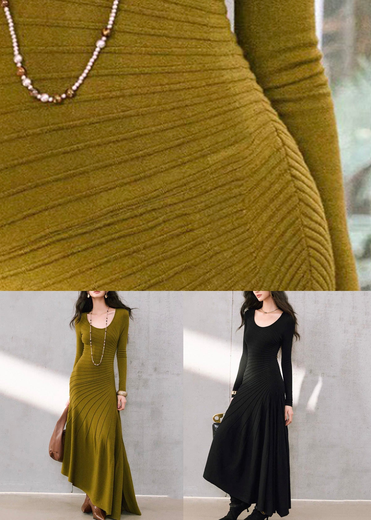 Scoop Neck Diagonal Rib Knit Asymmetrical Hem Long Sleeve Dress