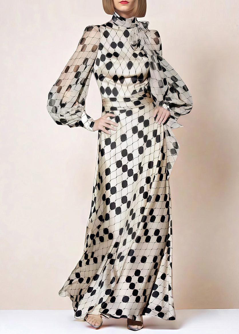 Pussy Bow High Neck Bishop Sleeve Belted Dot Print Maxi Dress