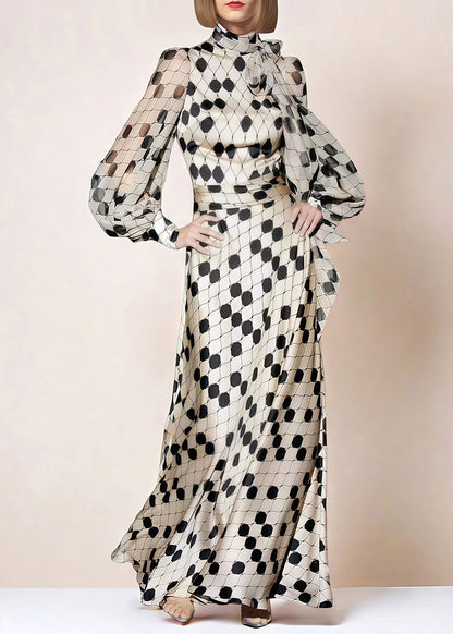Pussy Bow High Neck Bishop Sleeve Belted Dot Print Maxi Dress
