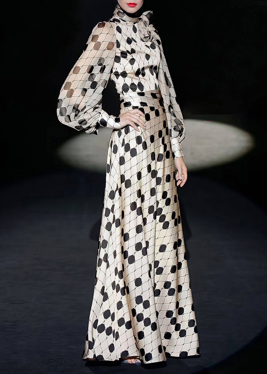Pussy Bow High Neck Bishop Sleeve Belted Dot Print Maxi Dress
