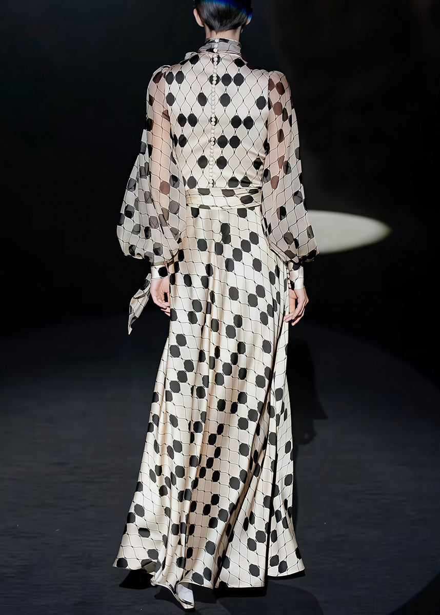 Pussy Bow High Neck Bishop Sleeve Belted Dot Print Maxi Dress