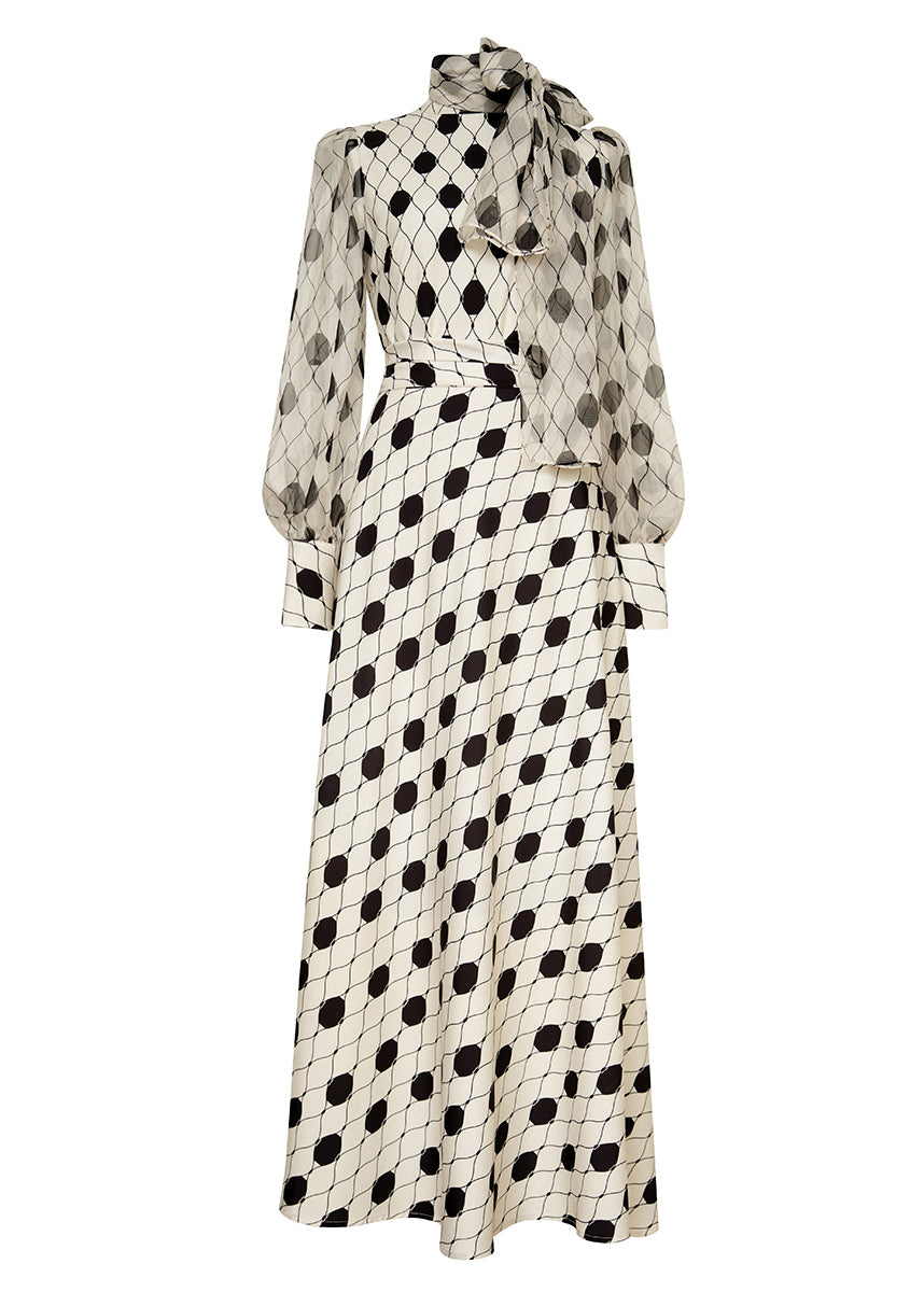 Pussy Bow High Neck Bishop Sleeve Belted Dot Print Maxi Dress