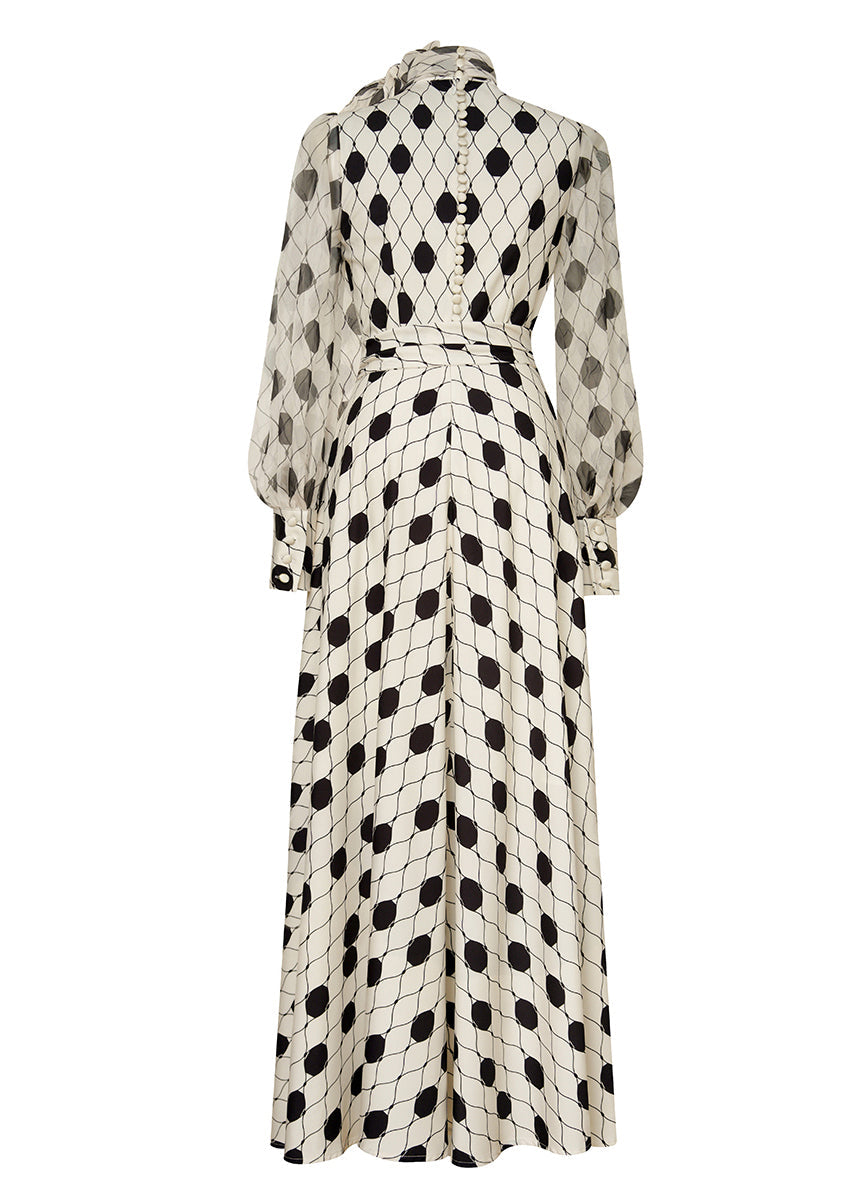 Pussy Bow High Neck Bishop Sleeve Belted Dot Print Maxi Dress