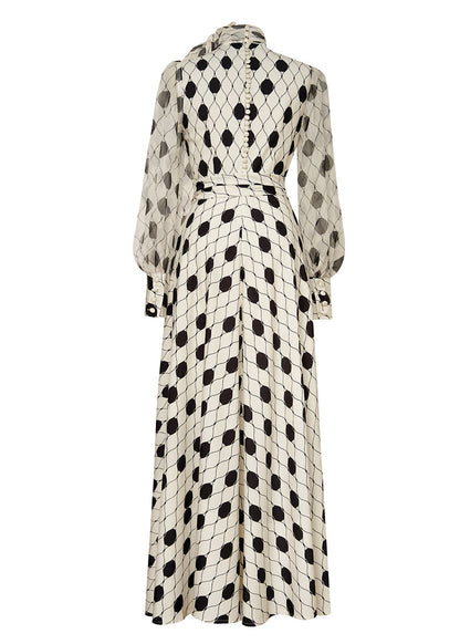 Pussy Bow High Neck Bishop Sleeve Belted Dot Print Maxi Dress