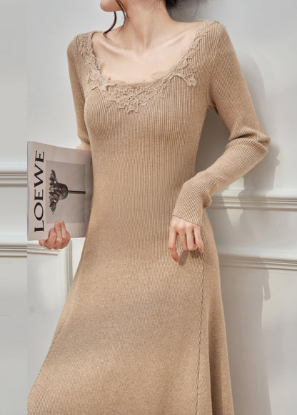 Lace Trim Square Neck Rib Knit Long Sleeve Flared Midi Dress