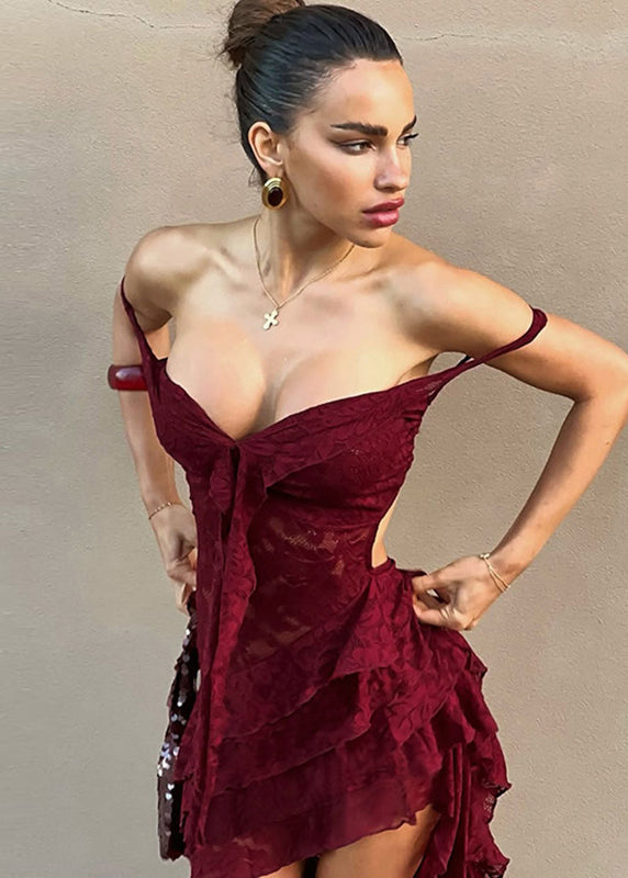 Sweetheart Lace Tie Off-Shoulder Tiered High-Low Gown