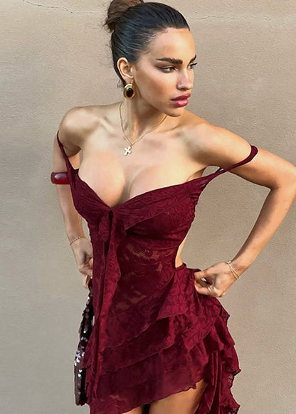 Sweetheart Lace Tie Off-Shoulder Tiered High-Low Gown
