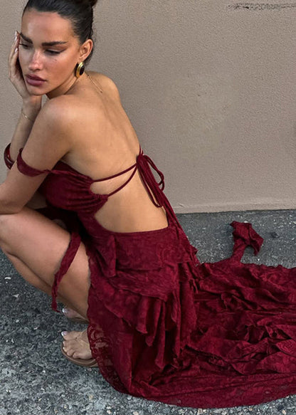 Sweetheart Lace Tie Off-Shoulder Tiered High-Low Gown
