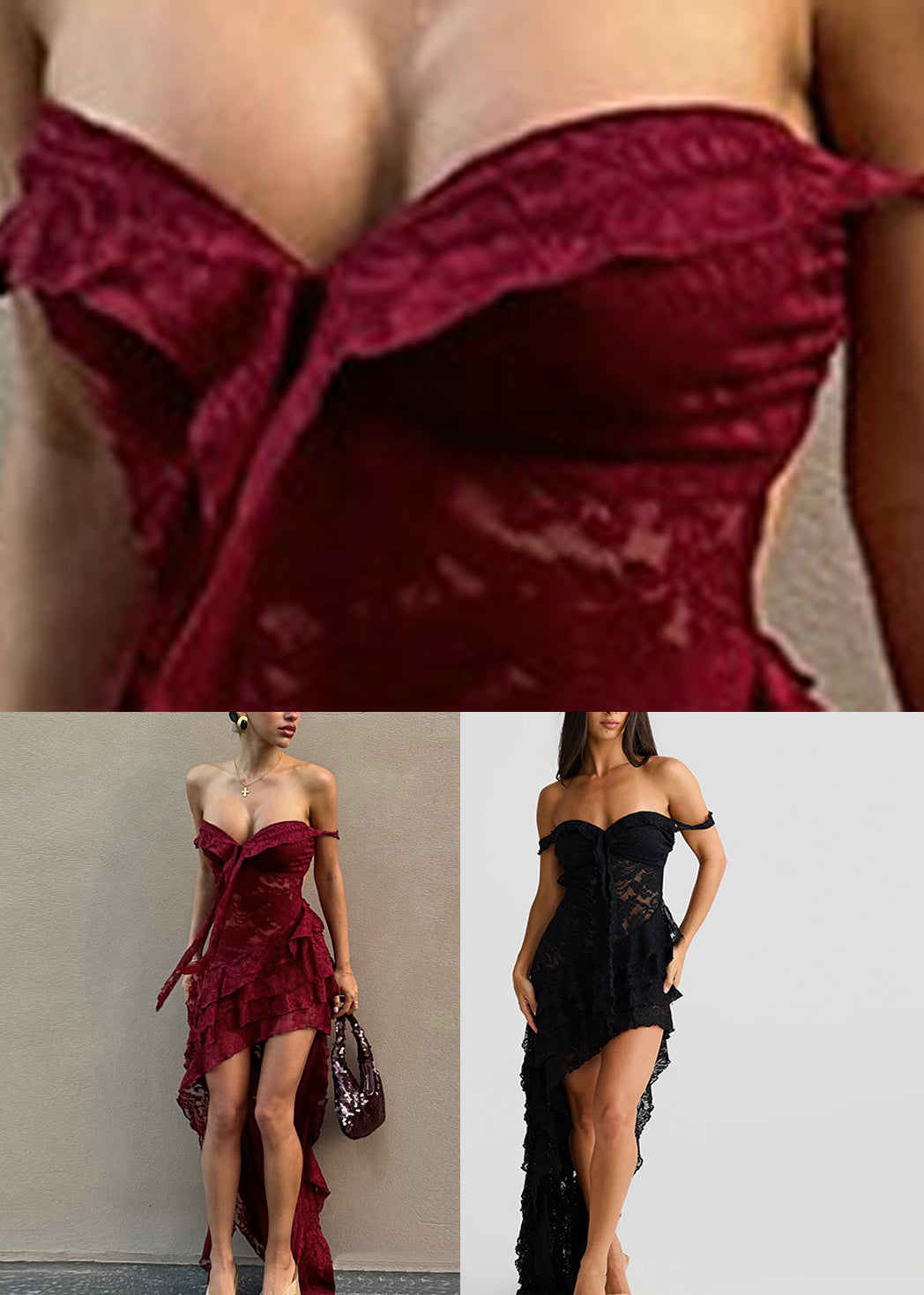 Sweetheart Lace Tie Off-Shoulder Tiered High-Low Gown