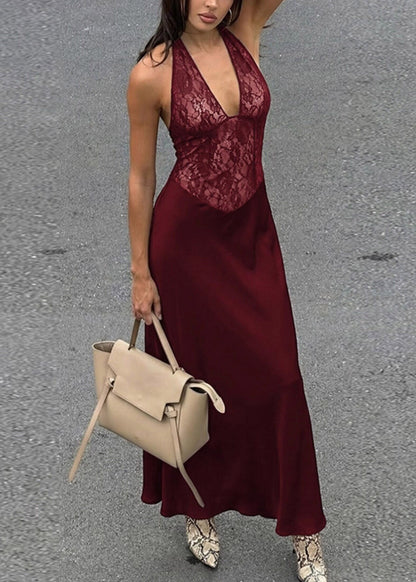 Halter Deep V Lace Bodice Satin A Line Maxi Gown