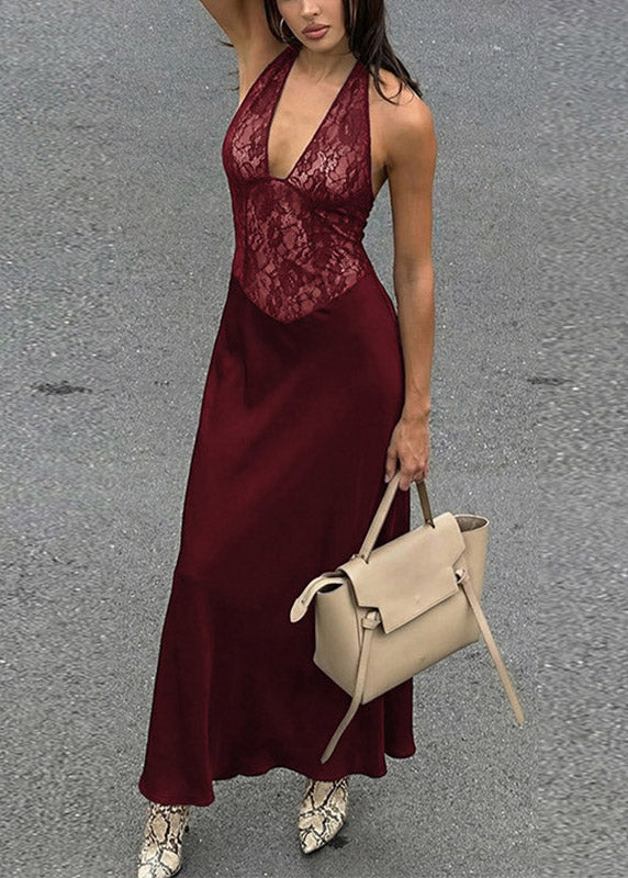 Halter Deep V Lace Bodice Satin A Line Maxi Gown