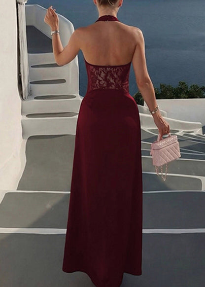 Halter Deep V Lace Bodice Satin A Line Maxi Gown