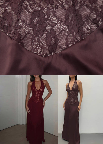 Halter Deep V Lace Bodice Satin A Line Maxi Gown