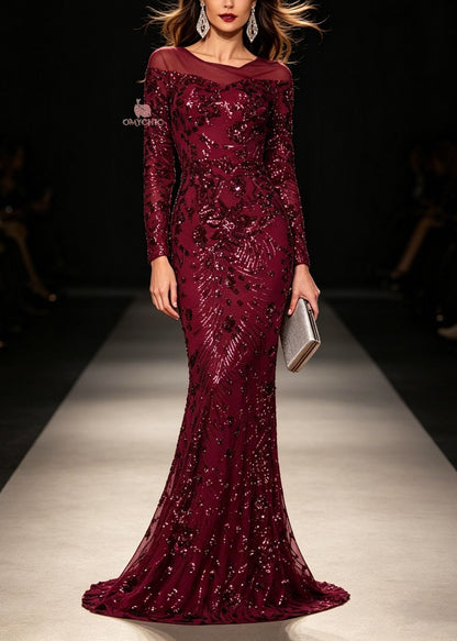 Boat Neck Mesh Yoke Sequin Embroidered Mermaid Hem Long Sleeve Maxi Gown