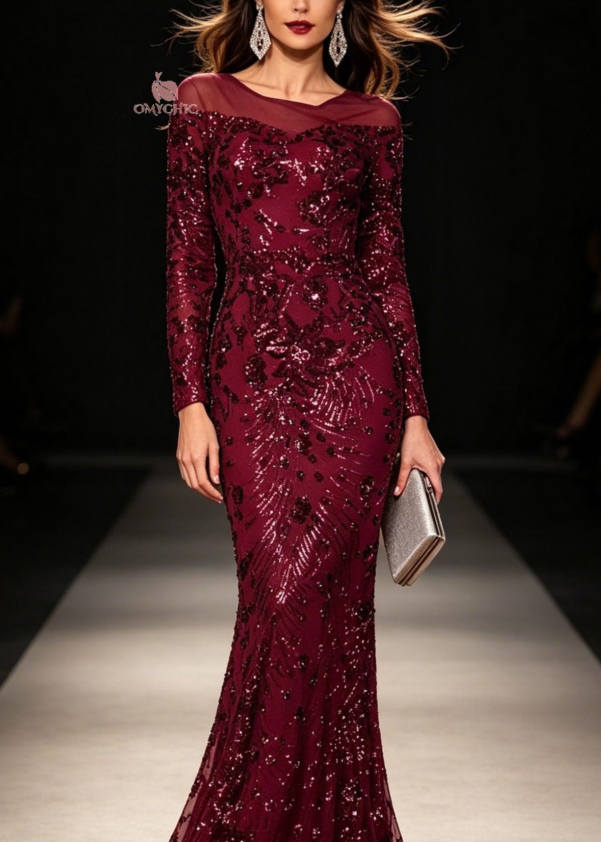 Boat Neck Mesh Yoke Sequin Embroidered Mermaid Hem Long Sleeve Maxi Gown