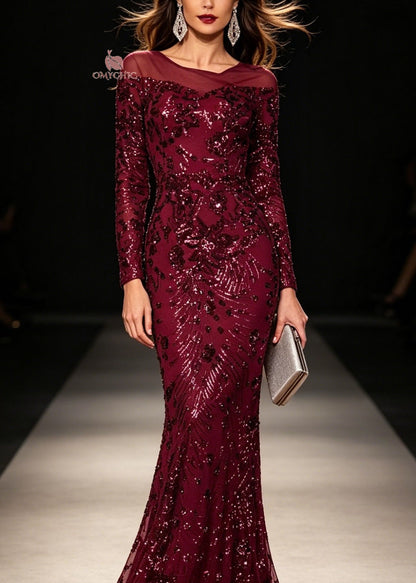 Boat Neck Mesh Yoke Sequin Embroidered Mermaid Hem Long Sleeve Maxi Gown
