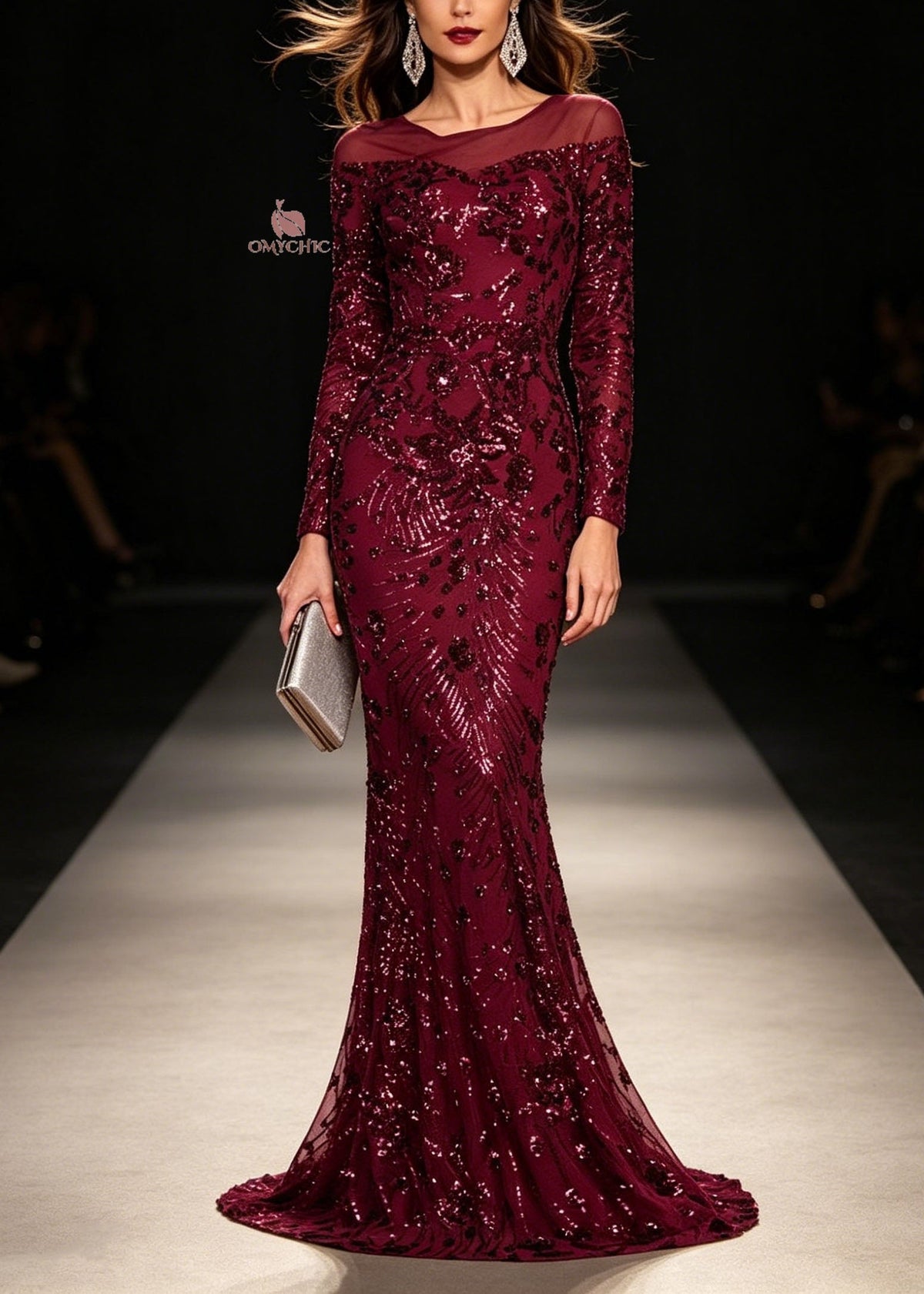 Boat Neck Mesh Yoke Sequin Embroidered Mermaid Hem Long Sleeve Maxi Gown
