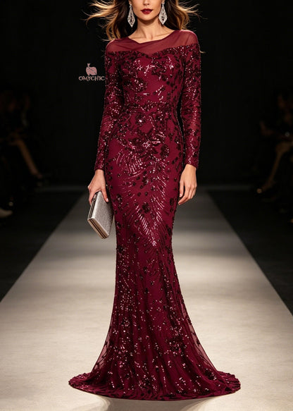 Boat Neck Mesh Yoke Sequin Embroidered Mermaid Hem Long Sleeve Maxi Gown