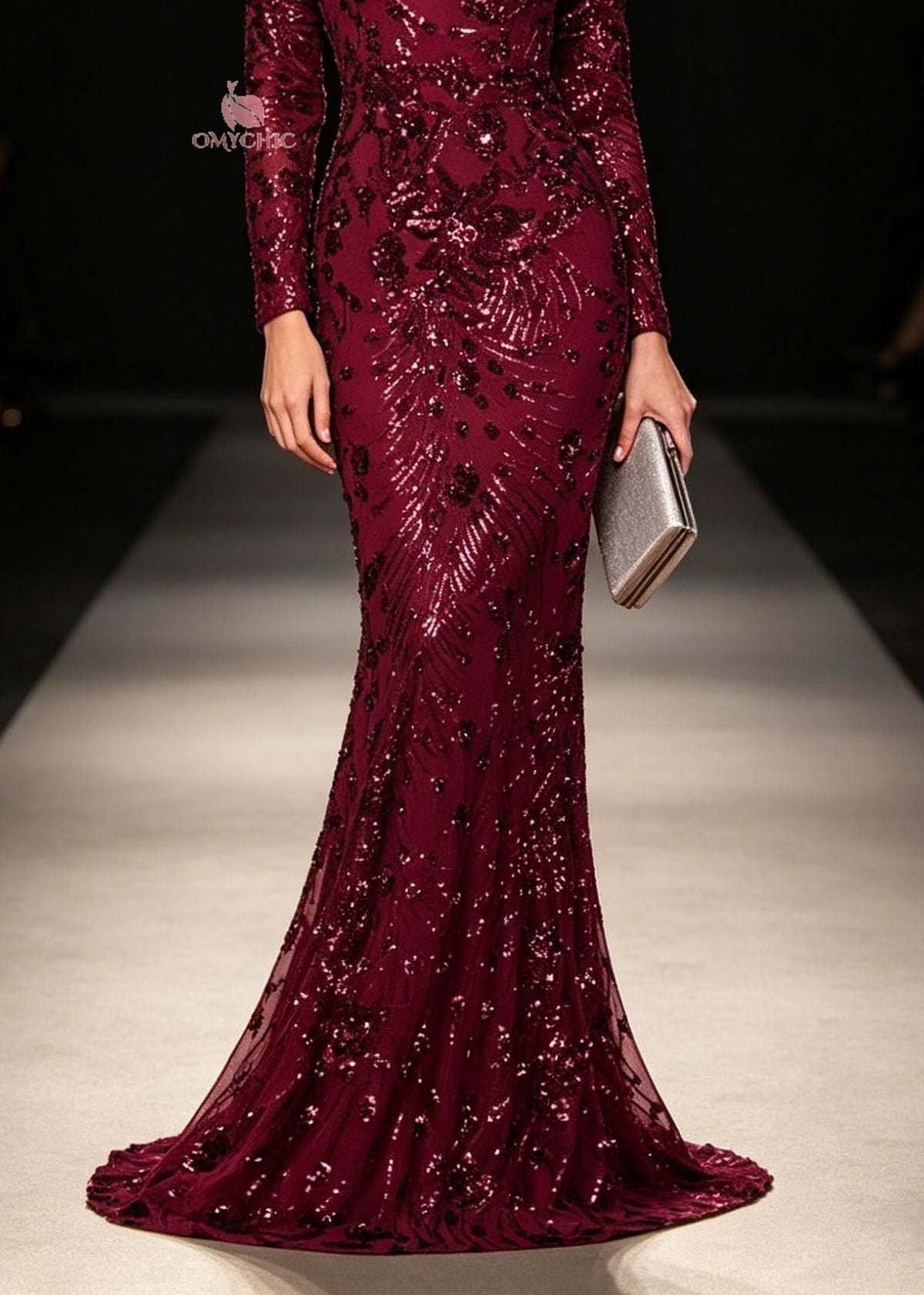 Boat Neck Mesh Yoke Sequin Embroidered Mermaid Hem Long Sleeve Maxi Gown