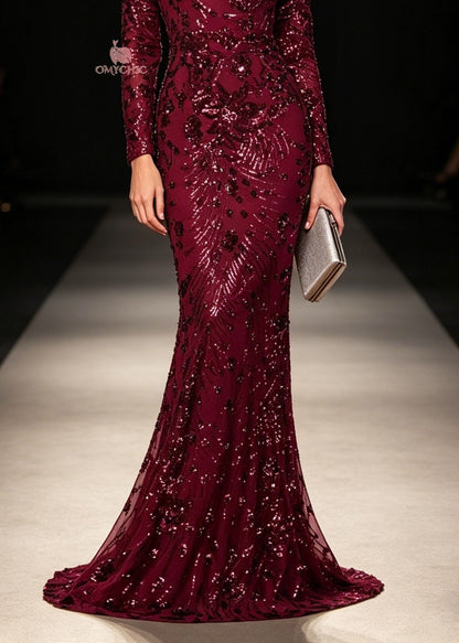 Boat Neck Mesh Yoke Sequin Embroidered Mermaid Hem Long Sleeve Maxi Gown