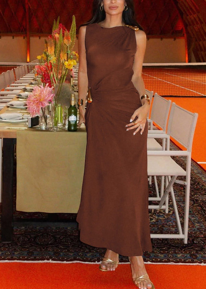 Round Neck Metal Ring Shoulder Waist Gathered Drape Asymmetric Maxi Dress