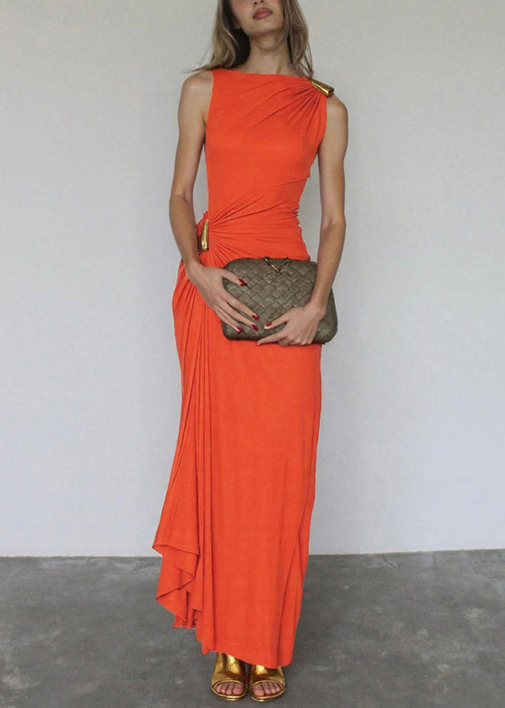 Round Neck Metal Ring Shoulder Waist Gathered Drape Asymmetric Maxi Dress