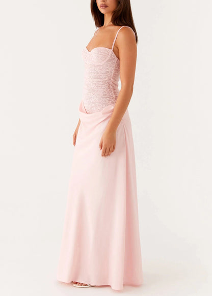 Sweetheart Neck Spaghetti Strap Lace Corset Basque Waist Cowl Skirt Maxi Dress