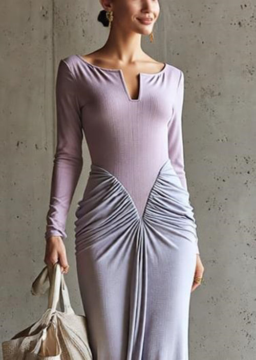 Notched Scoop Neck Long Sleeve Ribbed Bodice Ruched Draped Maxi Dress