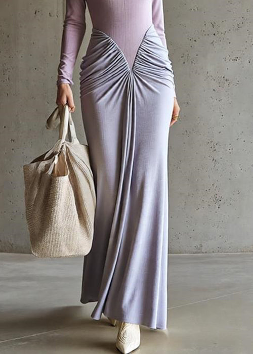 Notched Scoop Neck Long Sleeve Ribbed Bodice Ruched Draped Maxi Dress