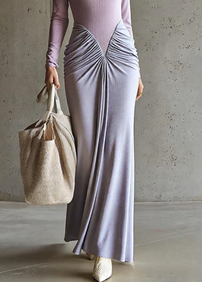 Notched Scoop Neck Long Sleeve Ribbed Bodice Ruched Draped Maxi Dress