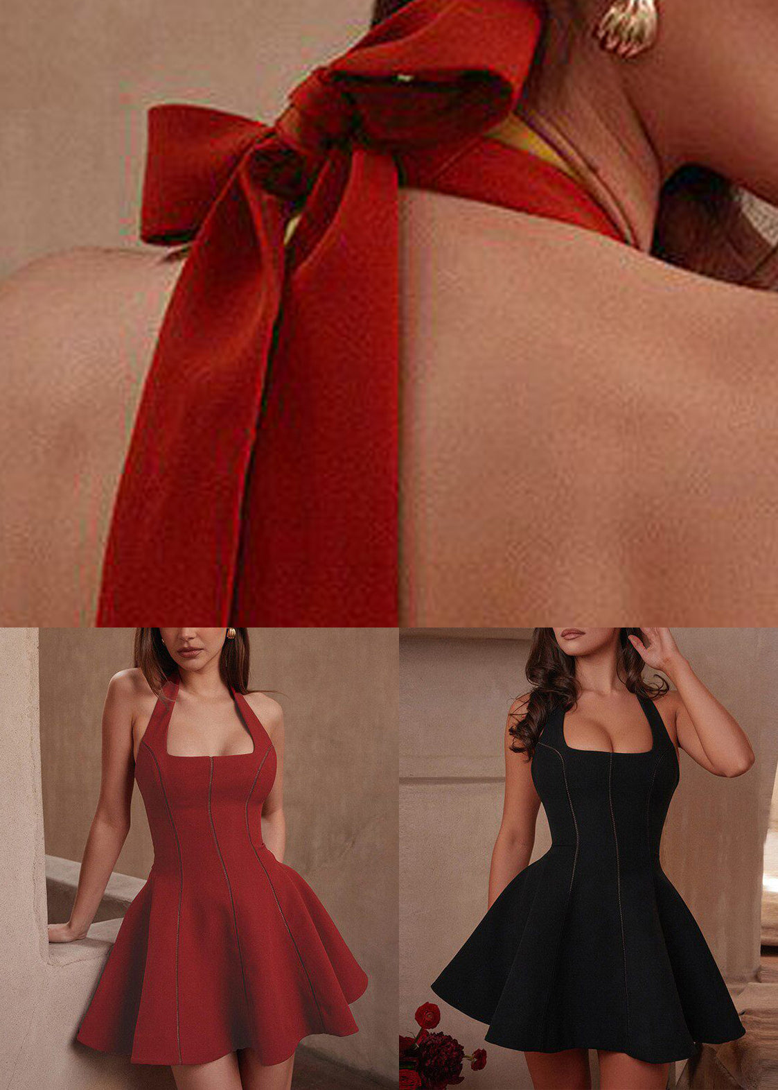 Square Neck Halter Vertical Topstitch Seam A-Line Mini Dress