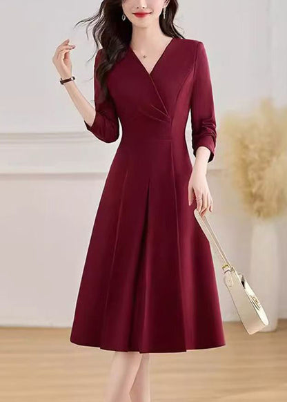V-Neck Wrap Front Three-Quarter Sleeve Center Pleat A-Line Dress