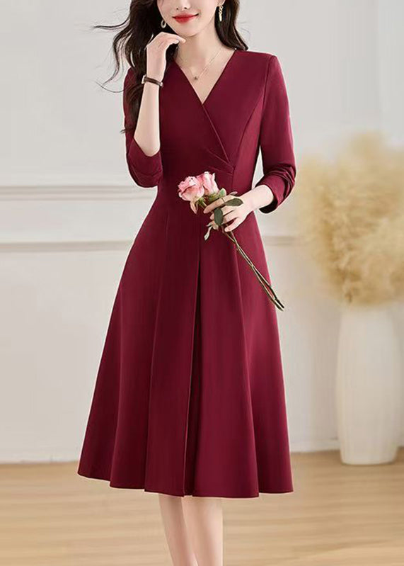V-Neck Wrap Front Three-Quarter Sleeve Center Pleat A-Line Dress