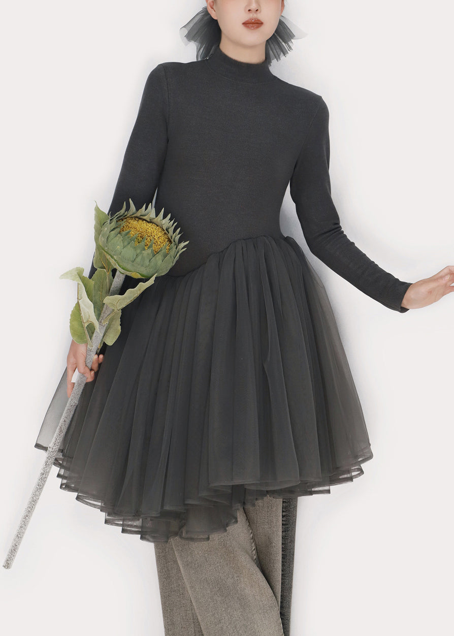 Mock Neck Long Sleeve Knit Bodice Voluminous Gathered Tulle Mini Dress