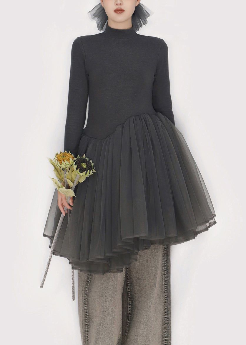 Mock Neck Long Sleeve Knit Bodice Voluminous Gathered Tulle Mini Dress