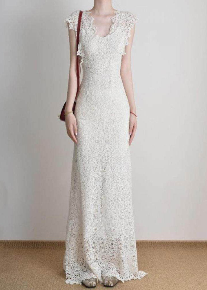 Deep V-Neck Cap Sleeve All-Over Lace Scalloped Hem Maxi Dress