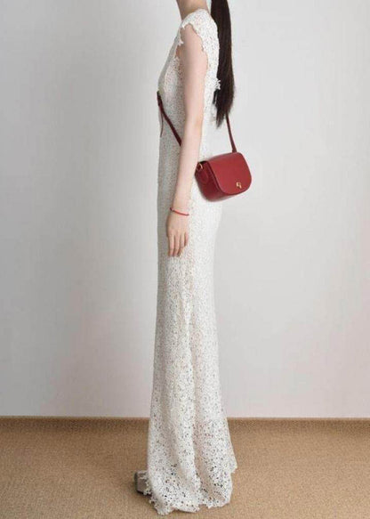 Deep V-Neck Cap Sleeve All-Over Lace Scalloped Hem Maxi Dress
