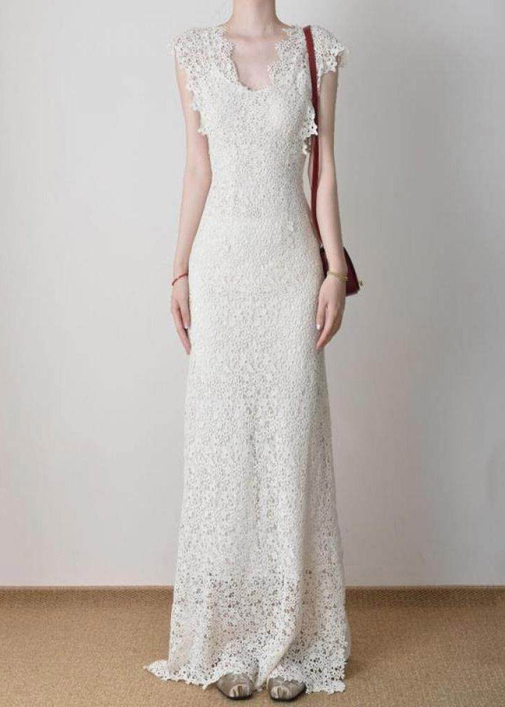 Deep V-Neck Cap Sleeve All-Over Lace Scalloped Hem Maxi Dress