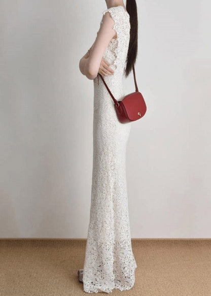Deep V-Neck Cap Sleeve All-Over Lace Scalloped Hem Maxi Dress