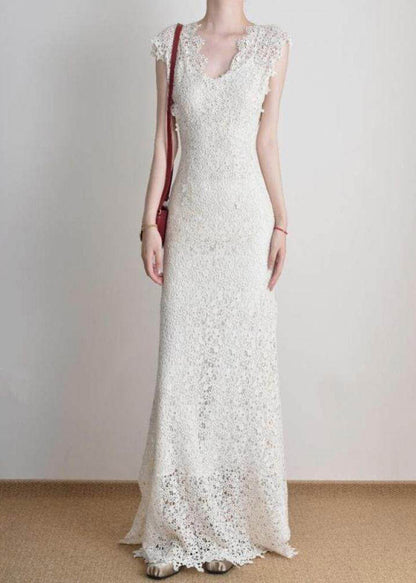 Deep V-Neck Cap Sleeve All-Over Lace Scalloped Hem Maxi Dress