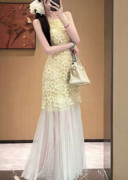 Crew Neck Lace Overlay Pearl-Embellished Tulle Skirt Sleeveless Maxi Dress