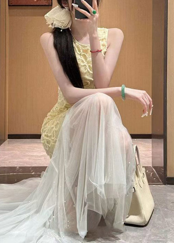 Crew Neck Lace Overlay Pearl-Embellished Tulle Skirt Sleeveless Maxi Dress